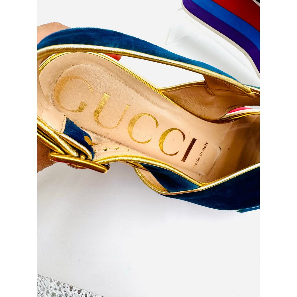 Gucci Peggy Blue Velvet Platform Sandals Crossover Strap EU 37.5 - Picture 6 of 9